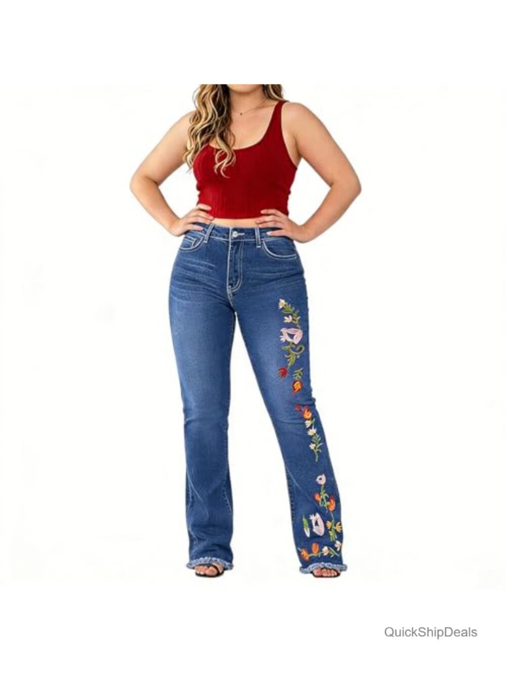 Plus Size Embroidered High Waist Bootcut Jeans Stretch Denim